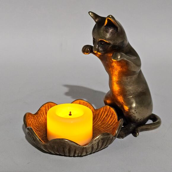 VTG SPI San Francisco Brass Cat Kitty Lotus Flower Trinket Dish Candle Holder - Picture 3 of 10